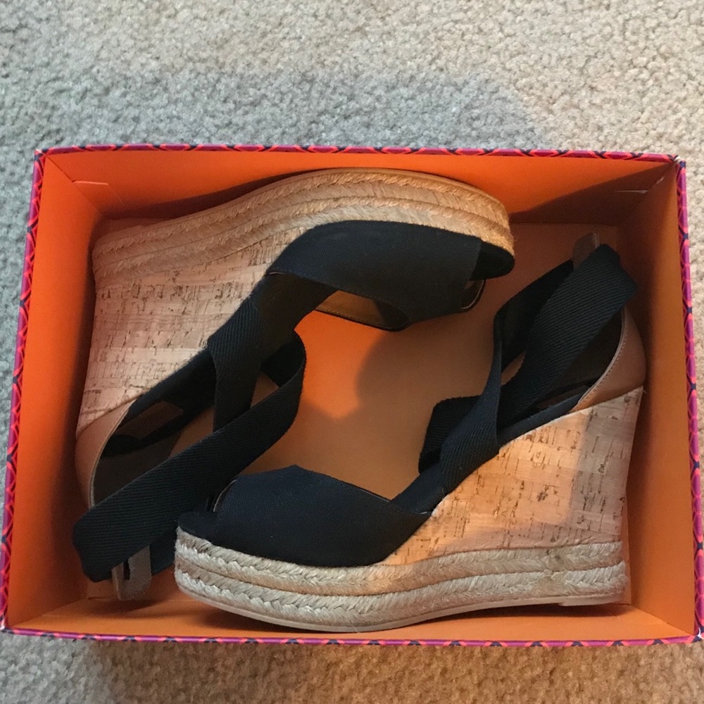 Tory Burch peep toe criss cross strap cork wedges